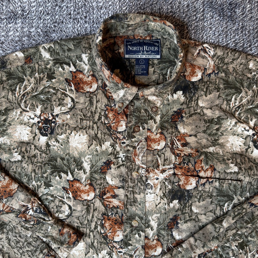 North River Mens Large Deer Buck Wildlife Camo Button Down Shirt 100% Cotton USA